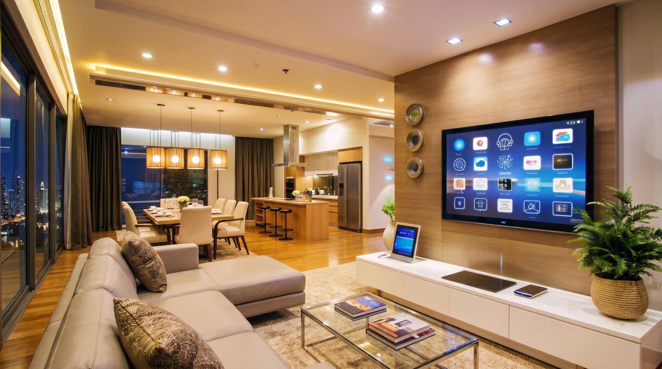 Sala de estar residencial com iluminação planejada e atmosfera acolhedora